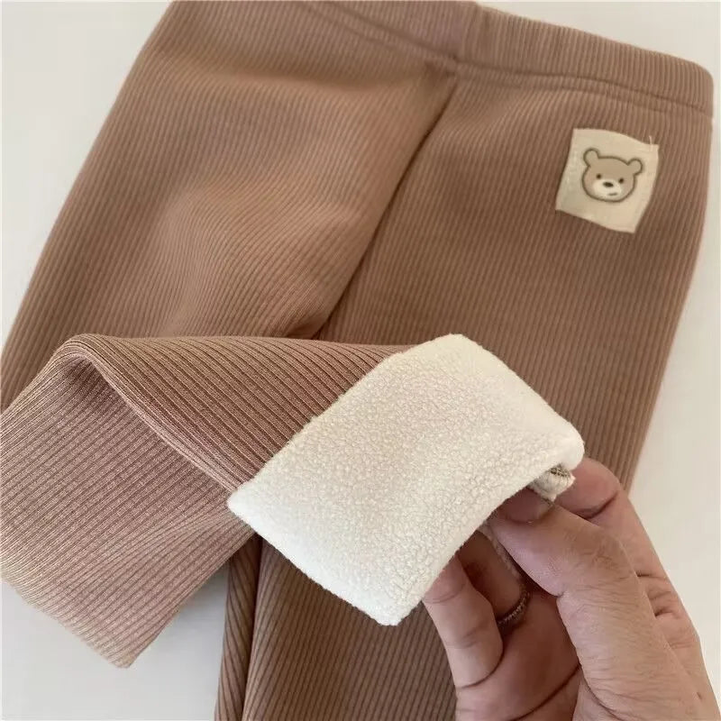 Fleece Lined Leggings for Girls Winter Warm Bear Patch Elastic Pants Soft 1-6Y Kids Trousers