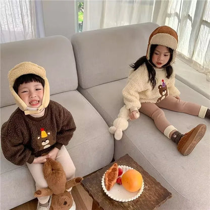 Fleece Lined Leggings for Girls Winter Warm Bear Patch Elastic Pants Soft 1-6Y Kids Trousers