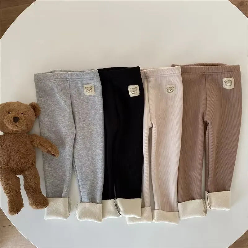 Fleece Lined Leggings for Girls Winter Warm Bear Patch Elastic Pants Soft 1-6Y Kids Trousers