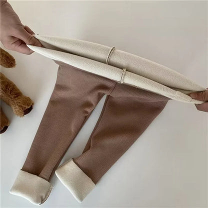 Fleece Lined Leggings for Girls Winter Warm Bear Patch Elastic Pants Soft 1-6Y Kids Trousers