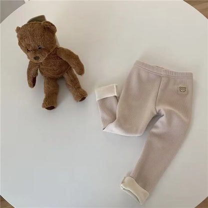 Fleece Lined Leggings for Girls Winter Warm Bear Patch Elastic Pants Soft 1-6Y Kids Trousers