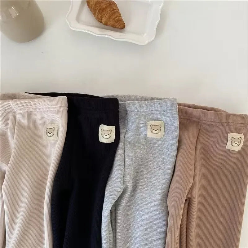 Fleece Lined Leggings for Girls Winter Warm Bear Patch Elastic Pants Soft 1-6Y Kids Trousers