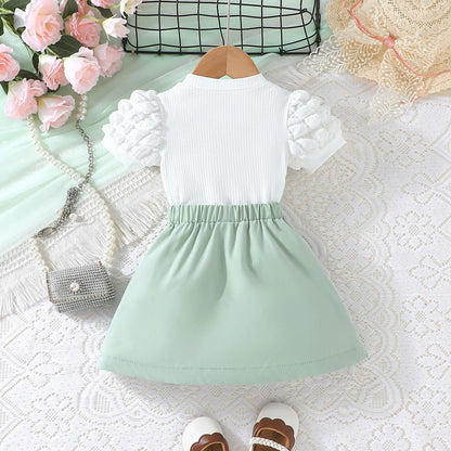 Terno For Kid Girl   Puff Sleeve Blouse and Elastic Skirt Summer Outfit Toddler Infant Clothing Set Kids Wear Ootd For Baby Girl