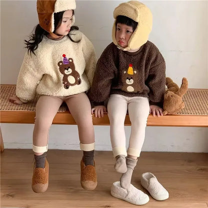 Fleece Lined Leggings for Girls Winter Warm Bear Patch Elastic Pants Soft 1-6Y Kids Trousers