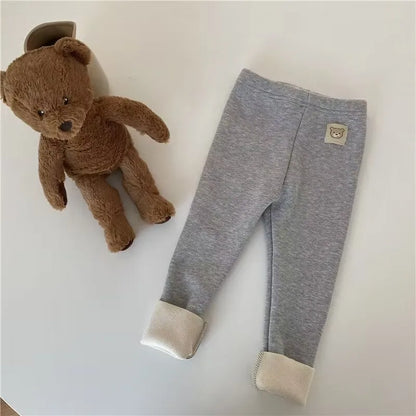 Fleece Lined Leggings for Girls Winter Warm Bear Patch Elastic Pants Soft 1-6Y Kids Trousers