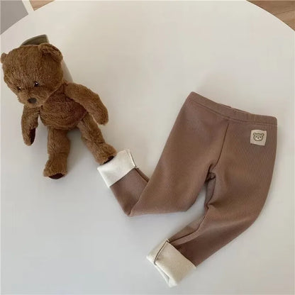 Fleece Lined Leggings for Girls Winter Warm Bear Patch Elastic Pants Soft 1-6Y Kids Trousers