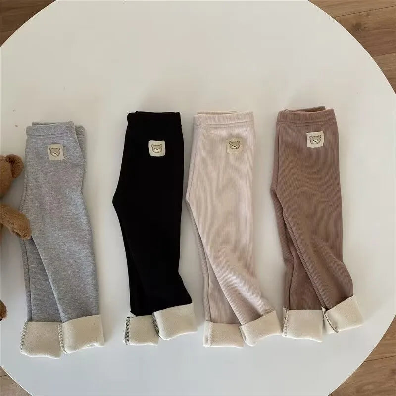 Fleece Lined Leggings for Girls Winter Warm Bear Patch Elastic Pants Soft 1-6Y Kids Trousers