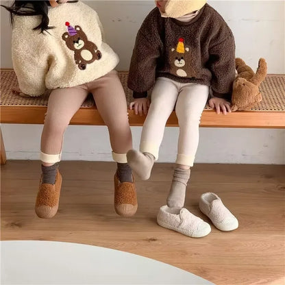 Fleece Lined Leggings for Girls Winter Warm Bear Patch Elastic Pants Soft 1-6Y Kids Trousers