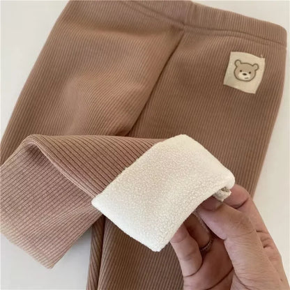 Fleece Lined Leggings for Girls Winter Warm Bear Patch Elastic Pants Soft 1-6Y Kids Trousers