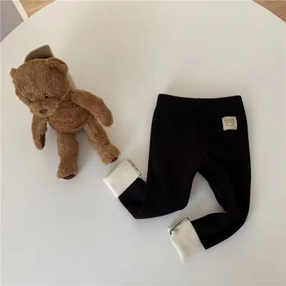 Fleece Lined Leggings for Girls Winter Warm Bear Patch Elastic Pants Soft 1-6Y Kids Trousers