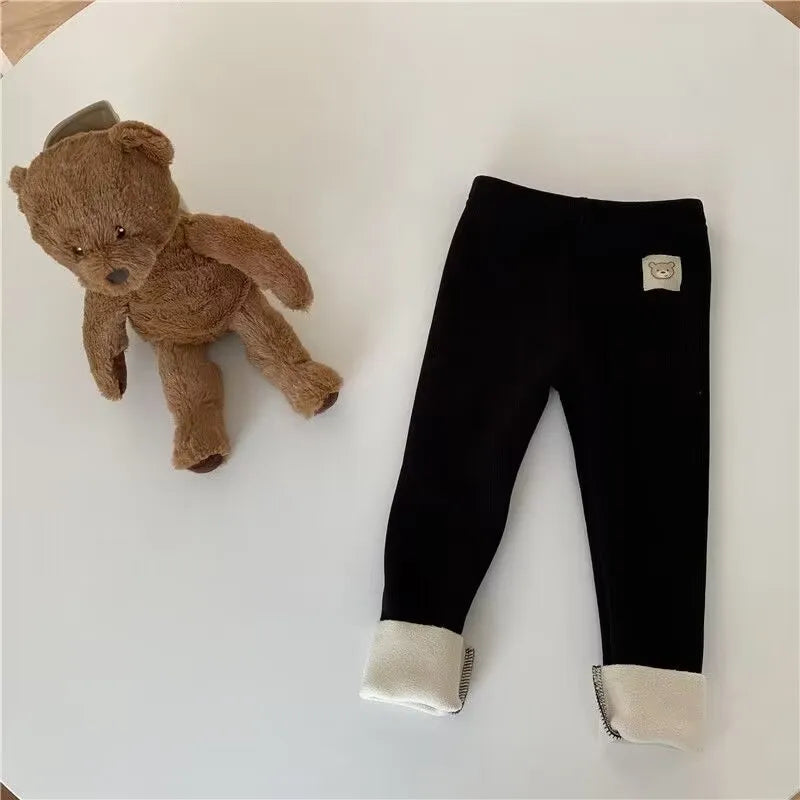 Fleece Lined Leggings for Girls Winter Warm Bear Patch Elastic Pants Soft 1-6Y Kids Trousers