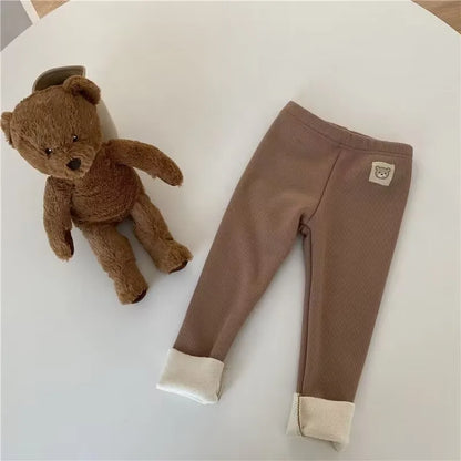 Fleece Lined Leggings for Girls Winter Warm Bear Patch Elastic Pants Soft 1-6Y Kids Trousers