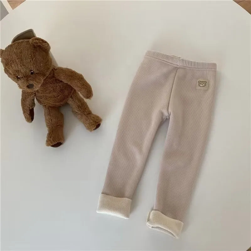 Fleece Lined Leggings for Girls Winter Warm Bear Patch Elastic Pants Soft 1-6Y Kids Trousers